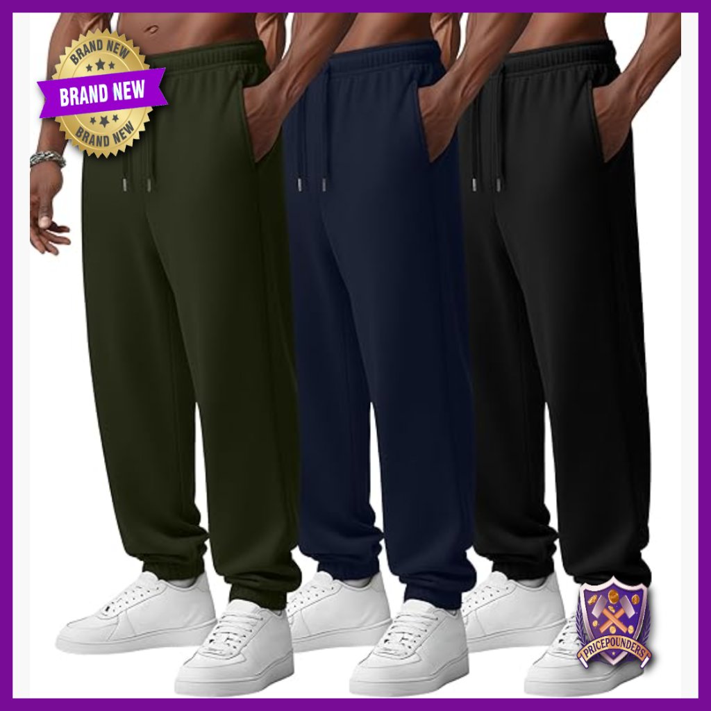 3 Pack Men's Sweatpants Lightweight Drawstring Joggers With Pockets